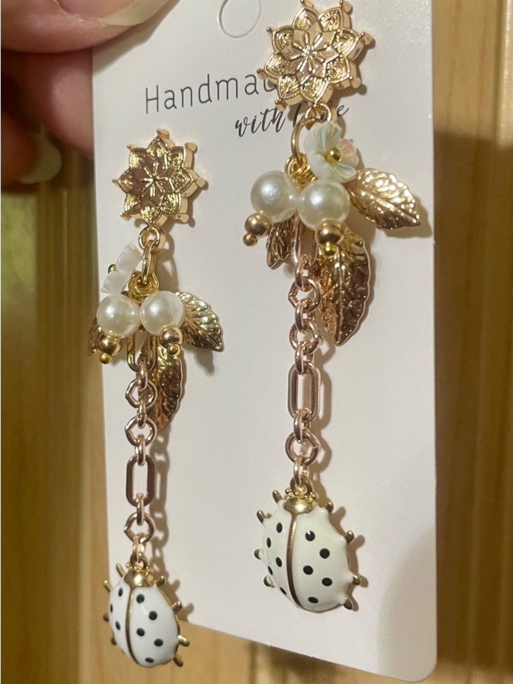 Gold Floral Pearl Drop Earrings with White Polka Dot Ladybug - Picture 6 of 11